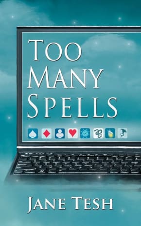 A laptop with the words " too many spells ".